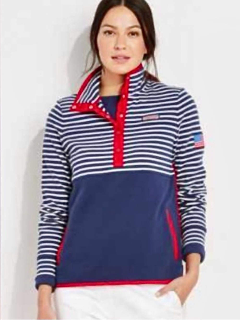 Vineyard Vines Women’s Navy & White Striped Pullover with Red Trim Size XXS EUC